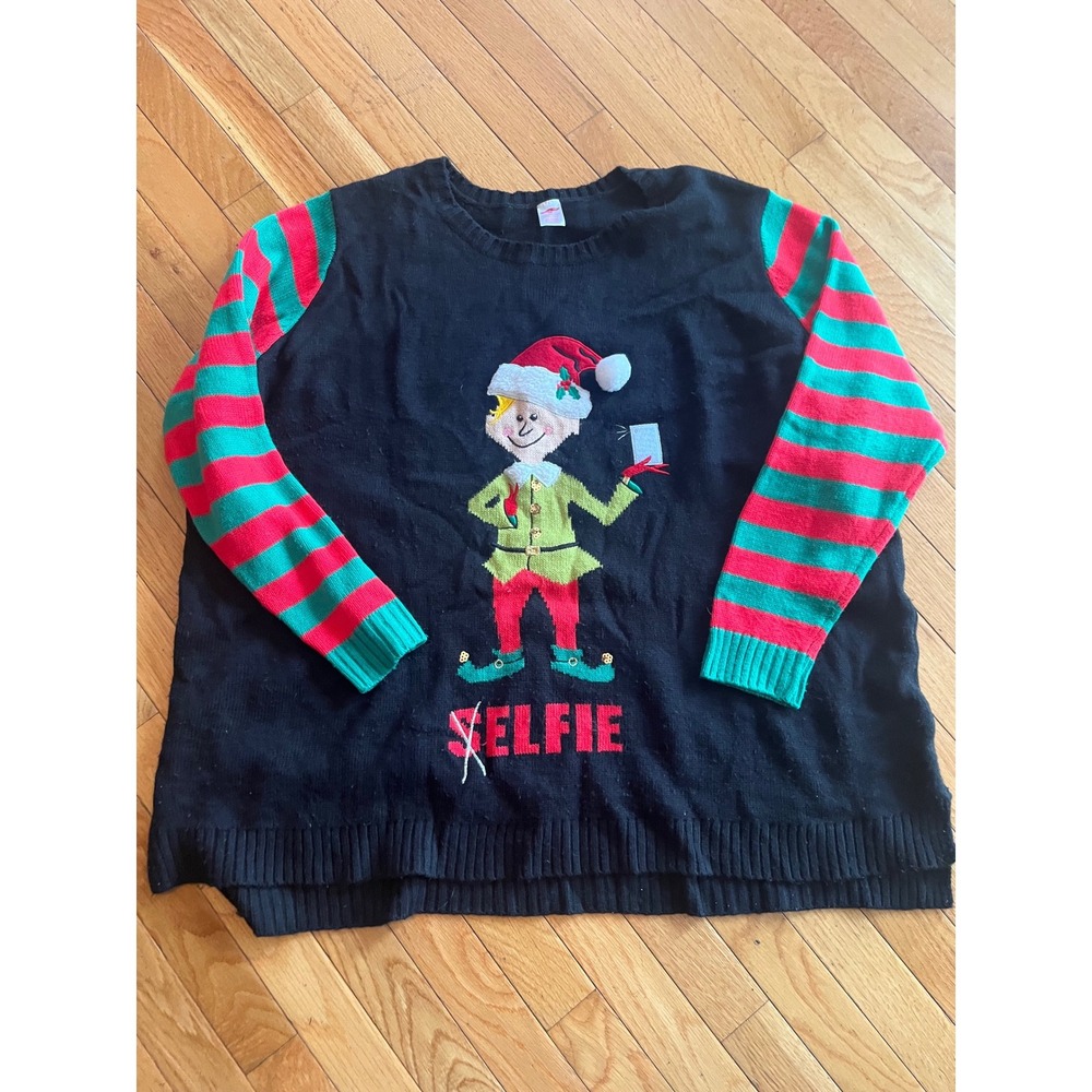 Ugly Christmas Sweater Elf Taking a Selfie Novelty Pullover Black Red Green 4X